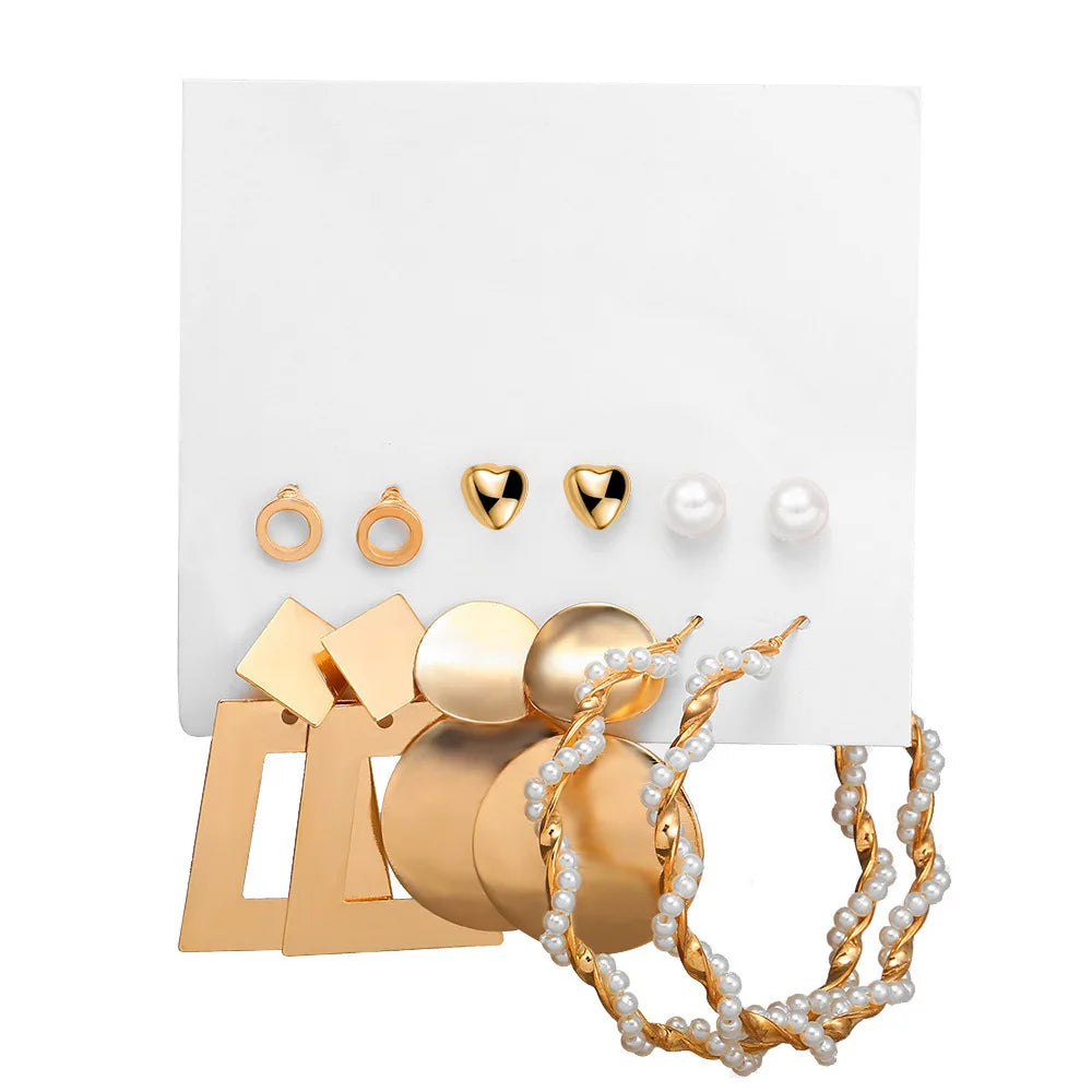 Stylish Boho Earring Set Big Hoops Pearl Square Heart Zircon Design
