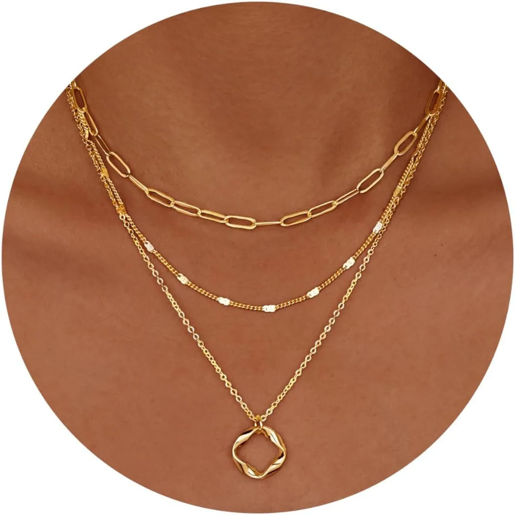 Elegant Layered Necklace Set Gold Silver Circle Pendant Women