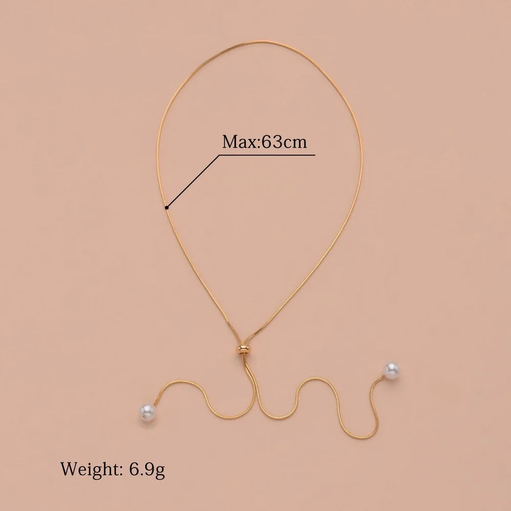 Simple Pearl Tassel Necklace Silver Tone Adjustable Clavicle Chain