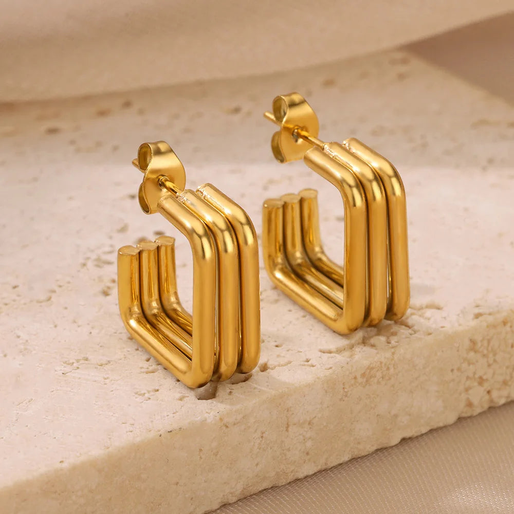 Elegant Square Earrings Gold Color Stainless Steel Stud Jewelry