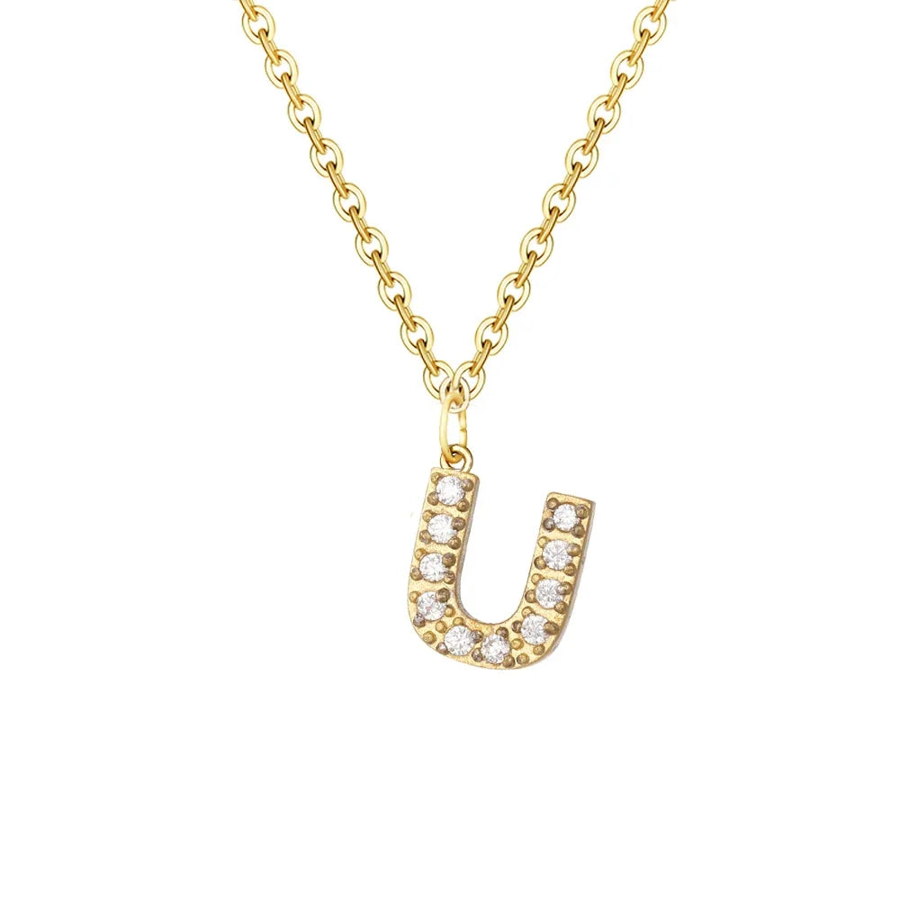 Gold Zircon Initial Necklace A-Z Stainless Steel Letter Pendant Women