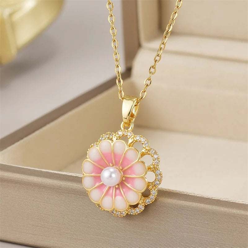 Zircon Butterfly Tassel Necklace Moon Flower Stainless Steel Women