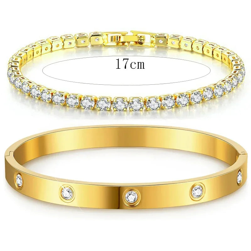 Gold Stainless Steel Tennis Bracelet Matching Bangles Luxury Couple