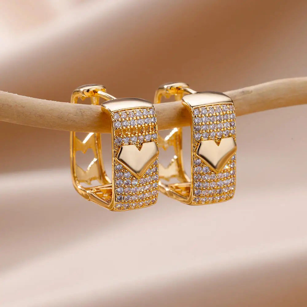 Elegant Zircon Hoop Earrings Circle Square Gold Tone Jewelry