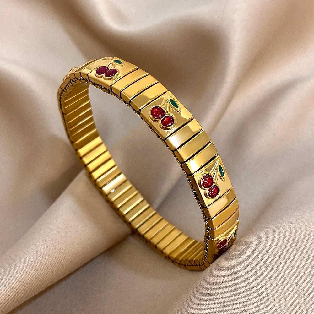 Gold Stainless Steel Strawberry Cherry Elastic Bangle Bracelet Trendy
