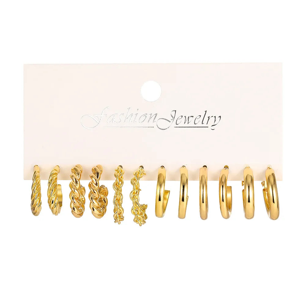 Stylish Boho Earring Set Big Hoops Pearl Square Heart Zircon Design