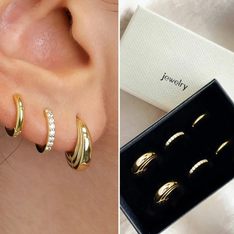 3 Pairs Zircon Hoop Earrings Gold Stainless Steel Trendy Women