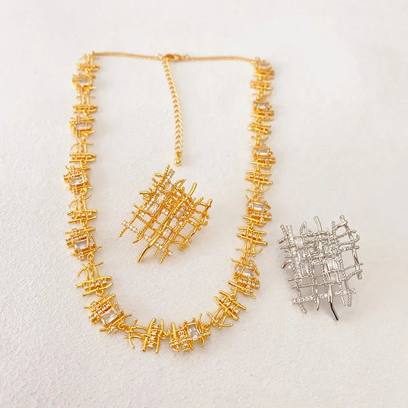 Elegant 925 Silver Necklace Earrings Set Zircon Vintage