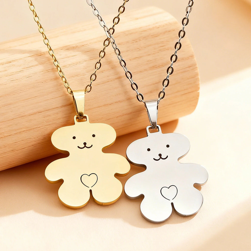 Bear Pendant Necklace Gold Plated Stainless Steel Cute Style