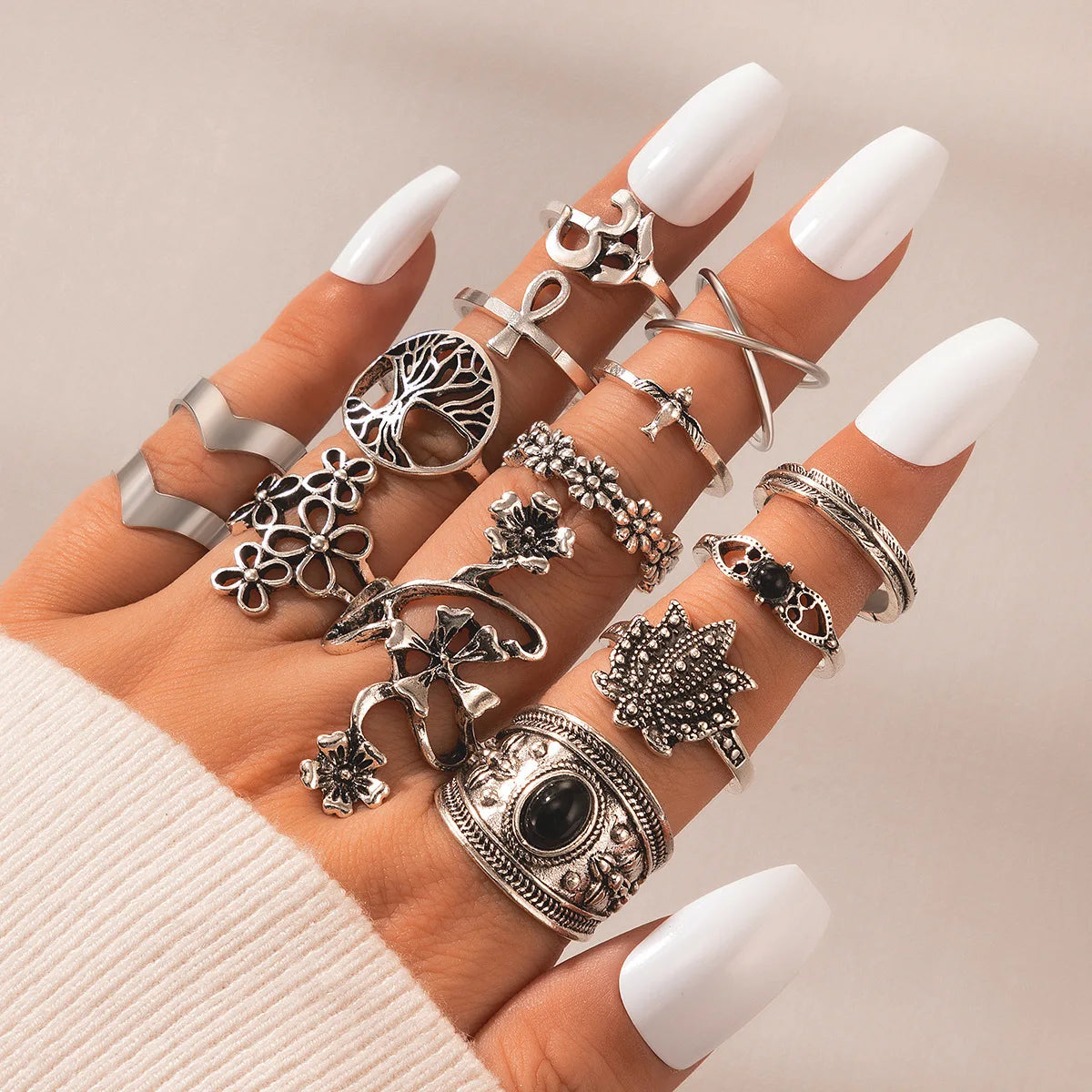 Trendy 21Pcs Gold Ring Set Vintage Geometric Hollow Design Women