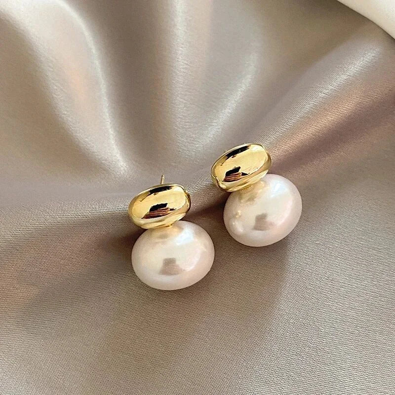 French Gold Bean Pearl Earrings Elegant Korean Style Women Jewelry