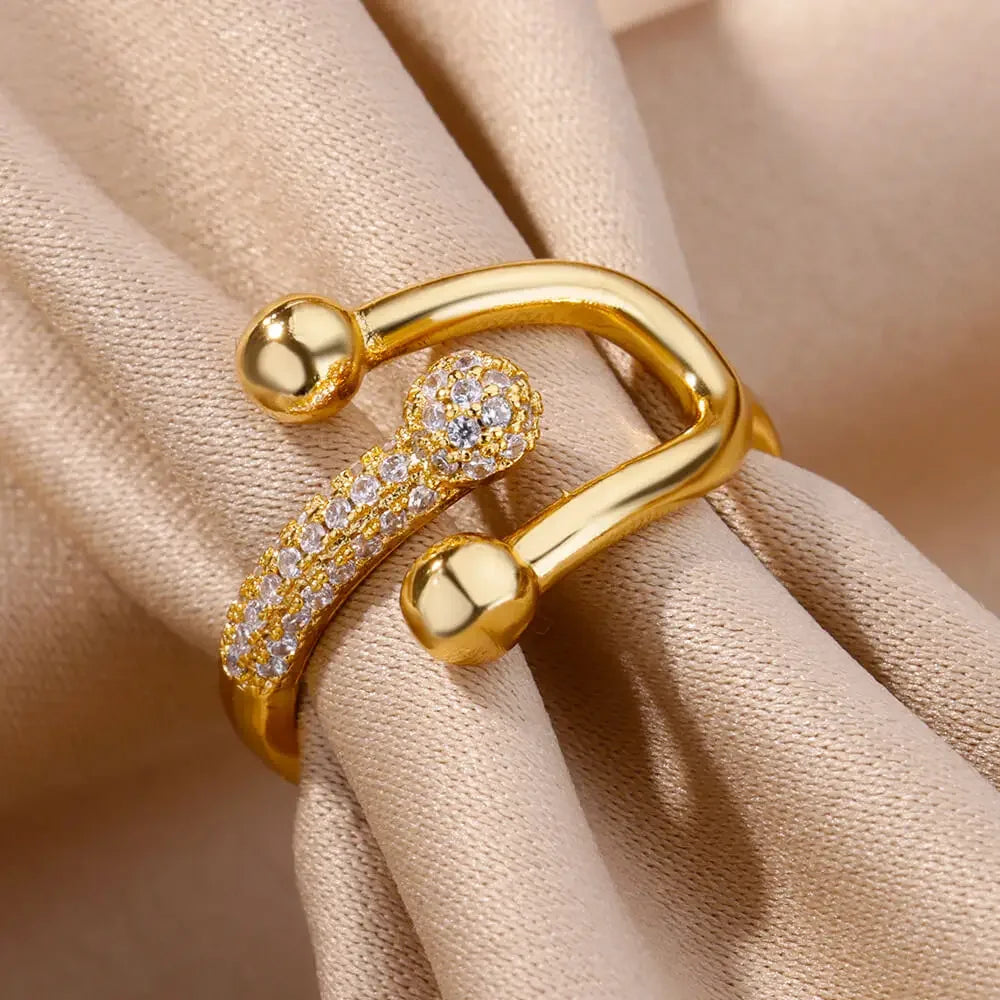 Gold Zircon Double Cross Ring Stainless Steel Luxury Couple Jewelry