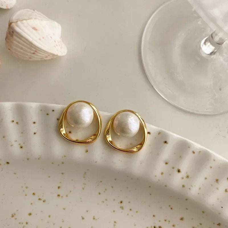 Irregular Pearl Stud Earrings Gold Korean Style Delicate Women