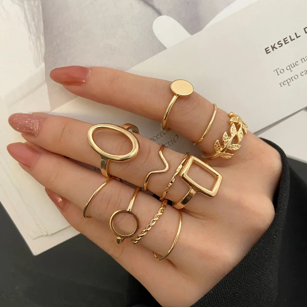 Creative Geometric Leaf Wave Ring Set 11pcs Fashion Knuckle Jewelry