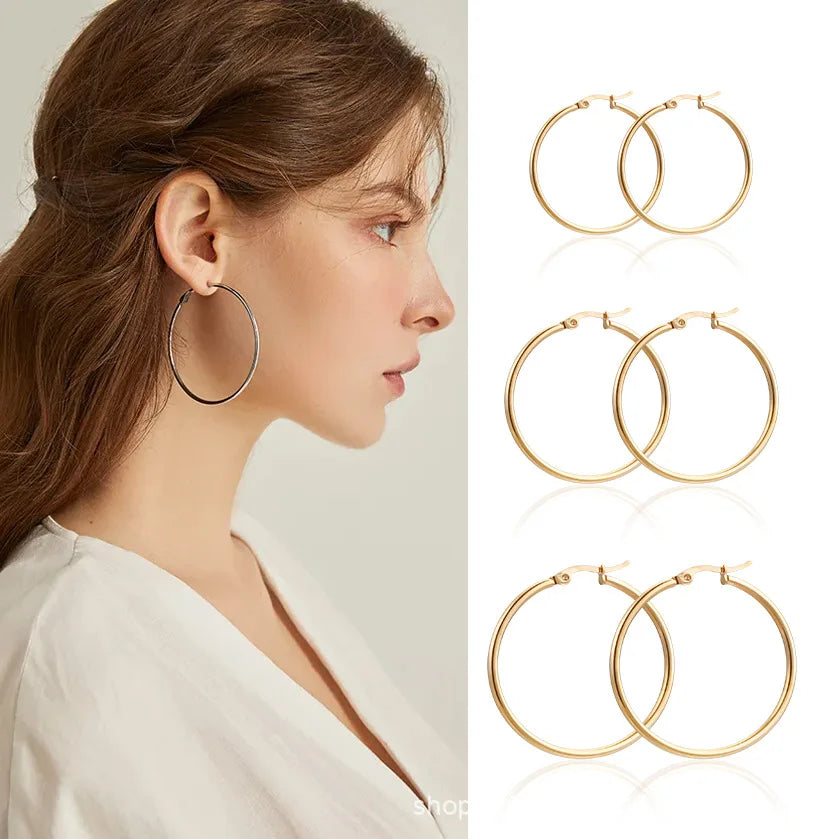 Gold Stainless Steel Hoop Earrings Big Small Circle Unisex Jewelry