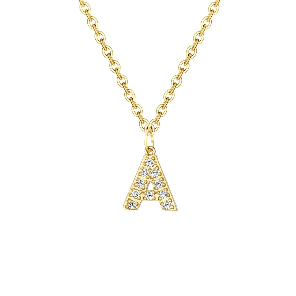 Gold Zircon Initial Necklace A-Z Stainless Steel Letter Pendant Women