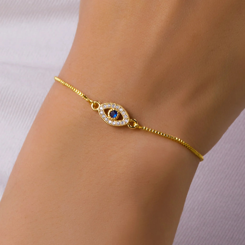 Gold Zircon Blue Evil Eye Bracelet Adjustable Lucky Women Jewelry