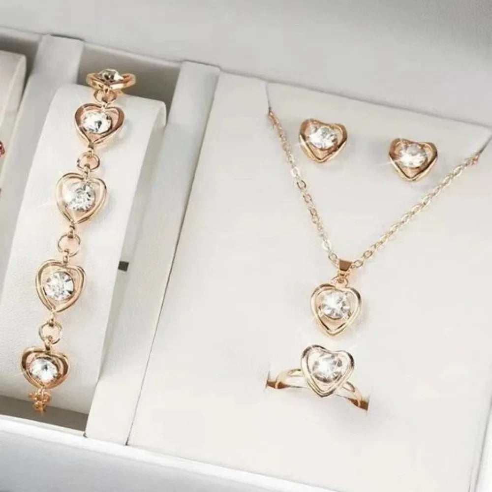 4PCS Heart Crystal Jewelry Set Necklace Bracelet Ring Earrings