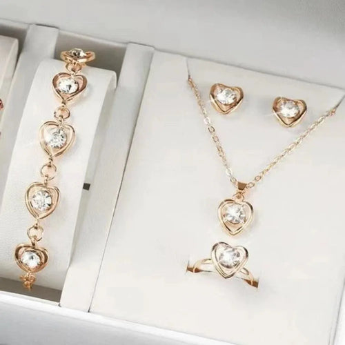 4PCS Heart Crystal Jewelry Set Necklace Bracelet Ring Earrings