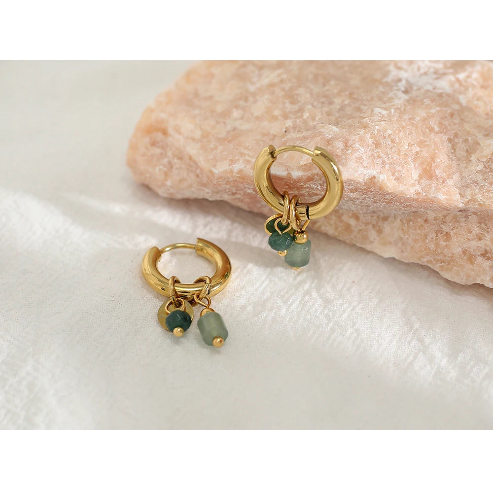Vintage Green Stone Hoop Earrings 18K Gold Plated Women