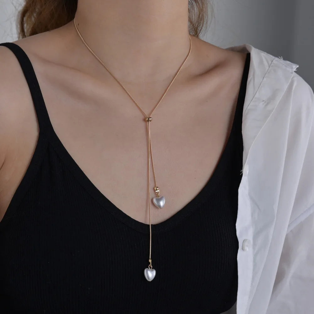 Simple Pearl Tassel Necklace Silver Tone Adjustable Clavicle Chain