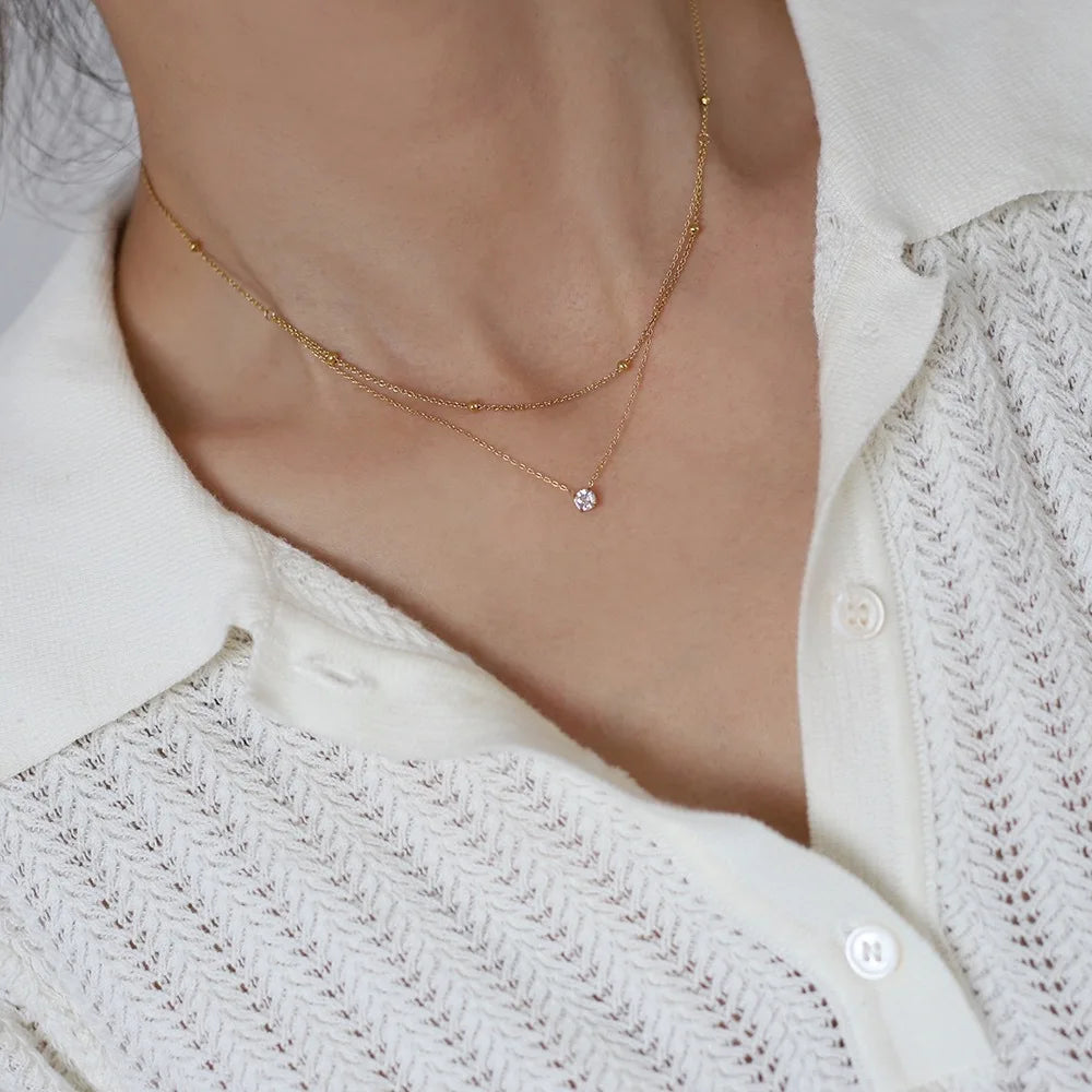 Elegant Zircon Pendant Necklace Double Chain Women Jewelry