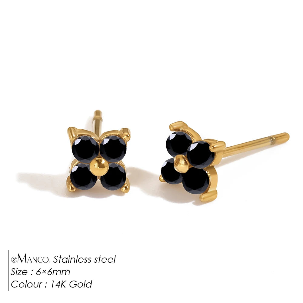 eManco Clover Black Gemstone Stud Earrings Stainless Steel Elegant