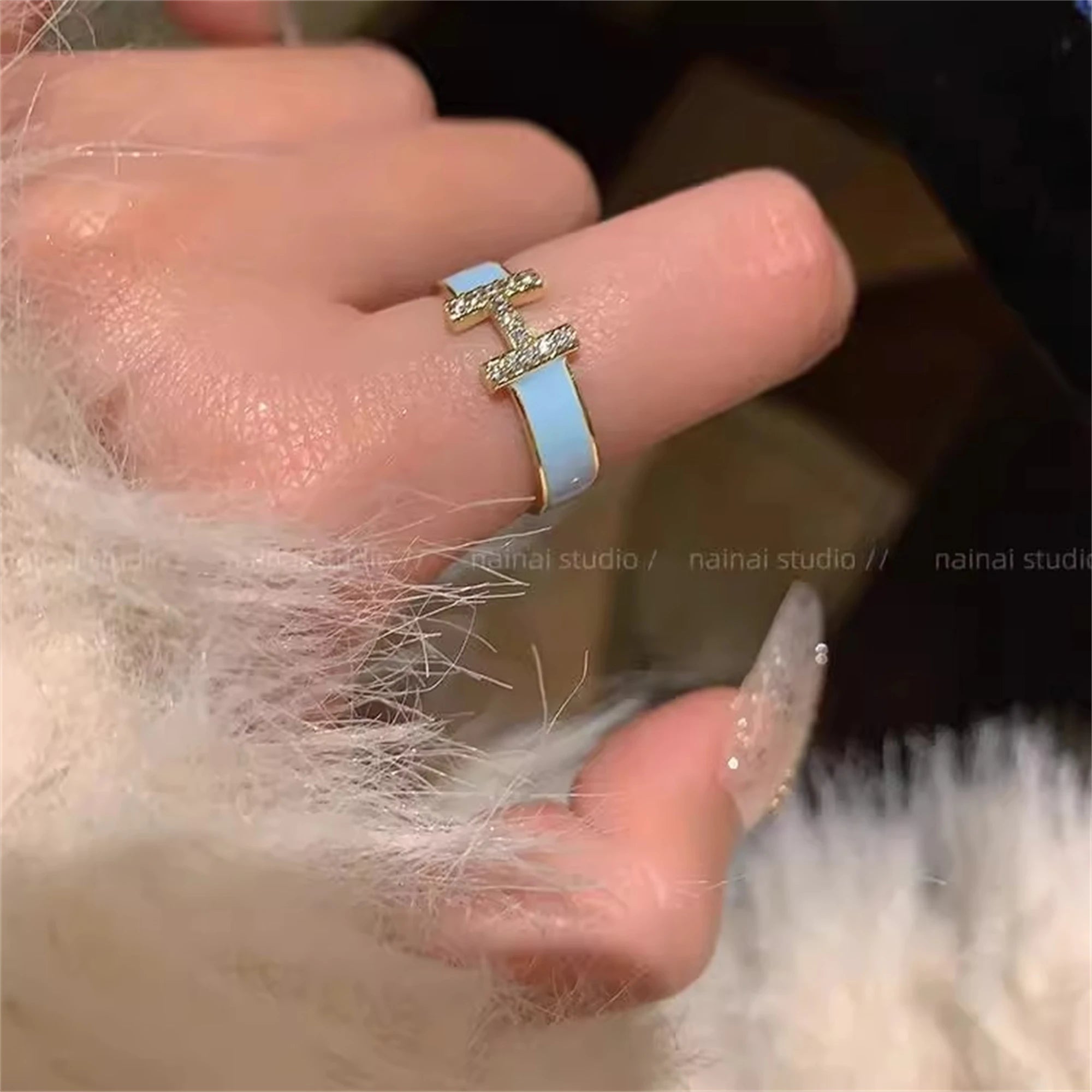 Elegant H Letter Ring Enamel Zircon Open Adjustable Women