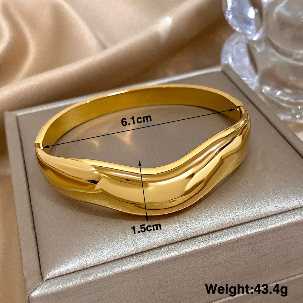 Chunky Gold Geometric Wave Cuff Bracelet Stainless Steel Waterproof