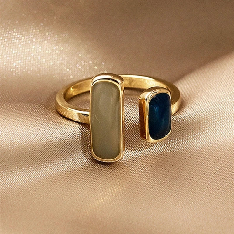 Adjustable Colorful Drip Glaze Ring Retro Geometric Gold Women
