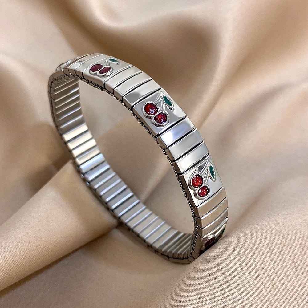 Gold Stainless Steel Strawberry Cherry Elastic Bangle Bracelet Trendy