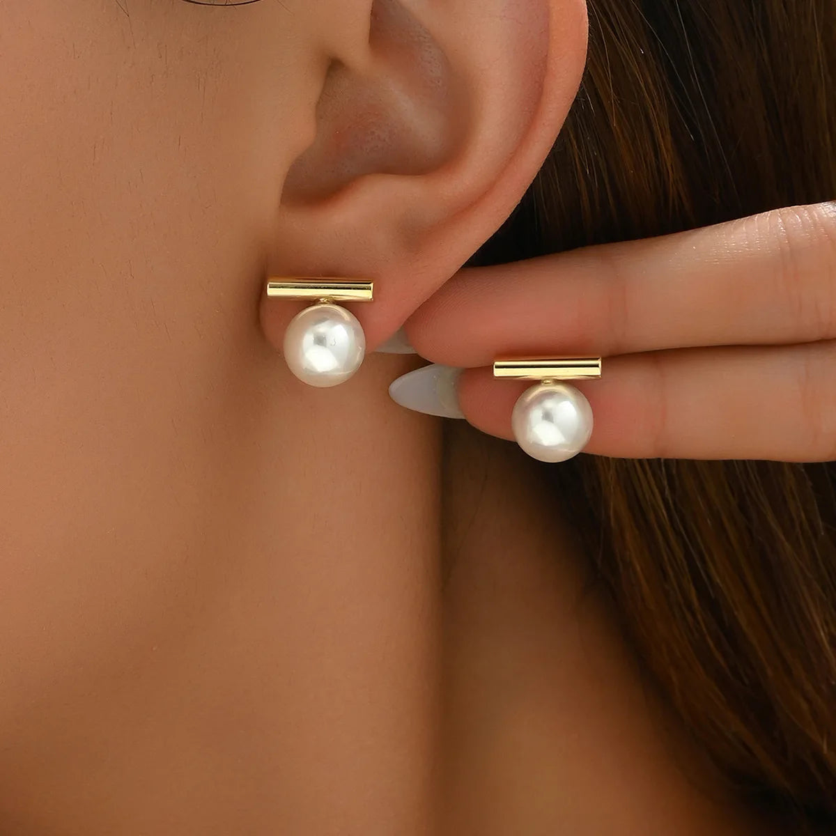 Simple Pearl Stud Earrings Gold Alloy Acrylic Beads Women Jewelry