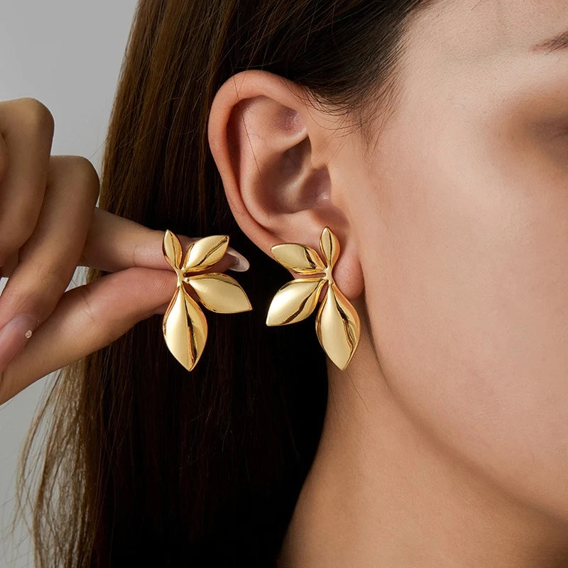 Leaf Shaped Floral Stud Earrings Stainless Steel Elegant Women