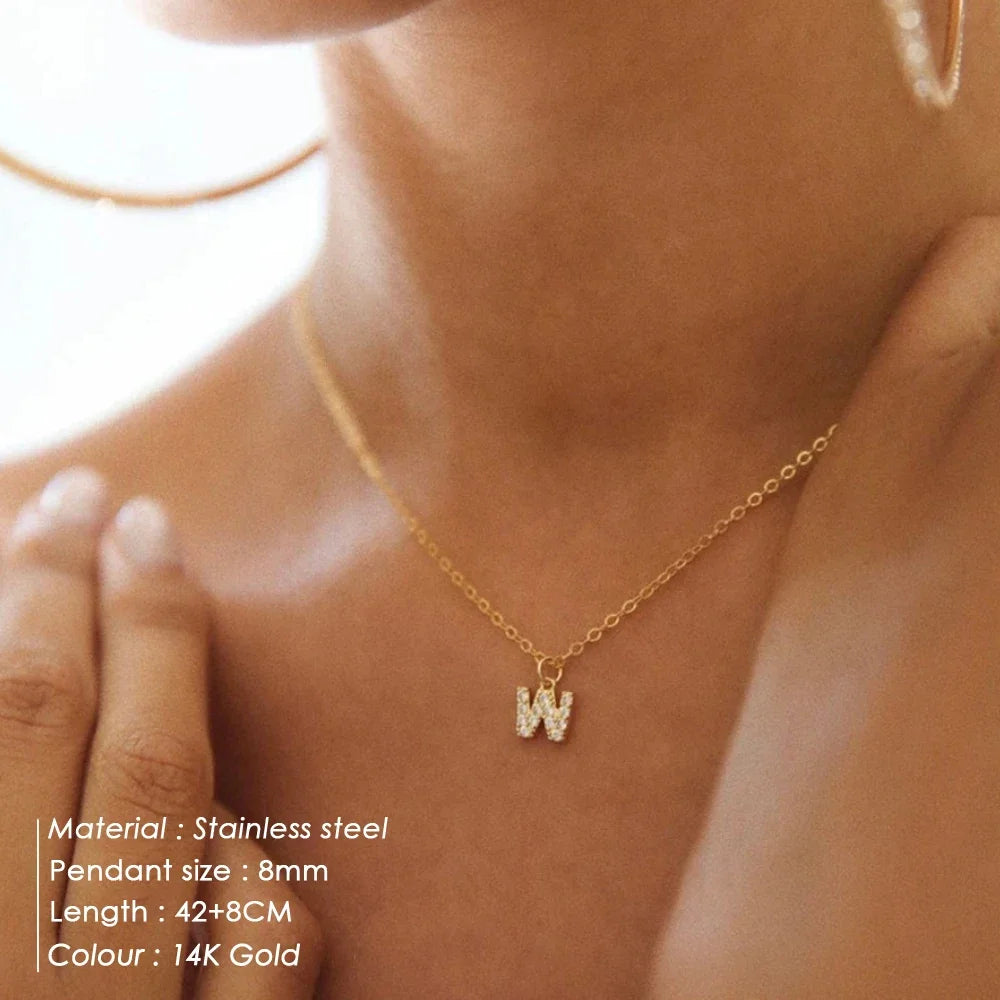 Gold Zircon Initial Necklace A-Z Stainless Steel Letter Pendant Women