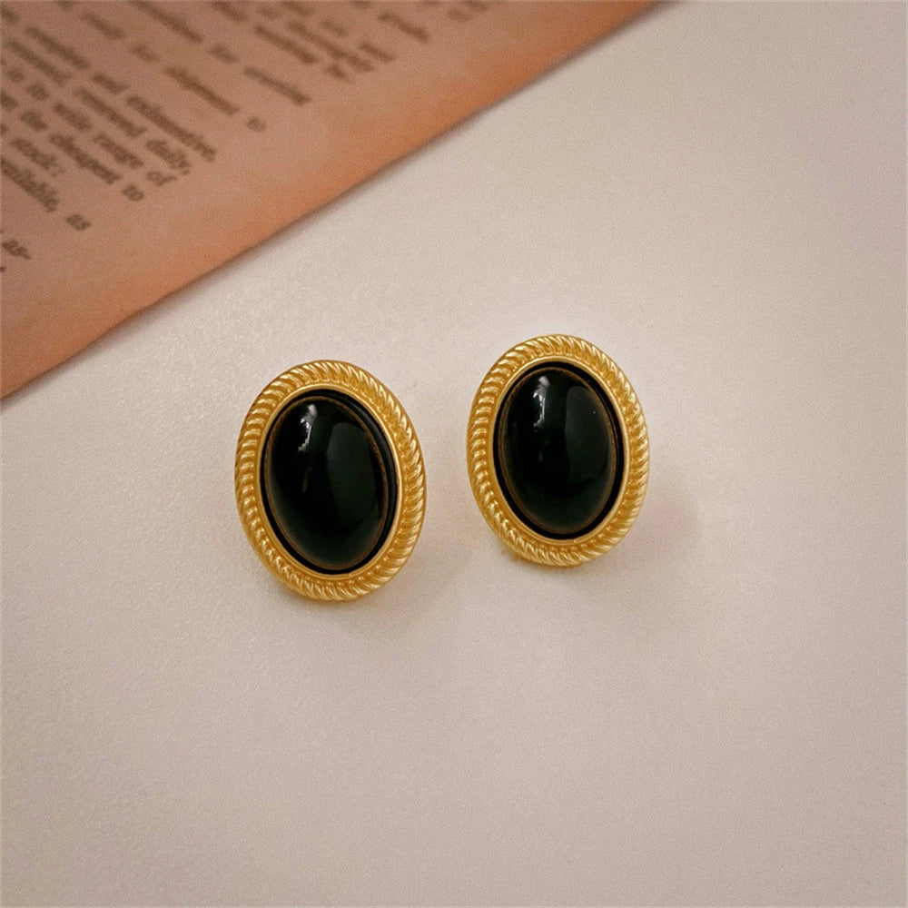 Retro Gold Black Oval Stud Earrings Metal Line Elegant Women Design