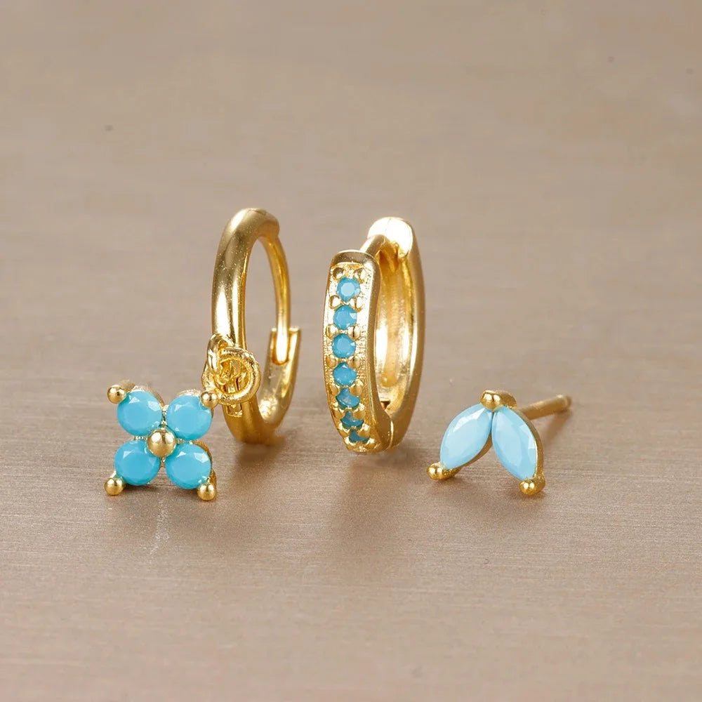 3PCS Flower Drop Earrings Set Zircon Stainless Steel Women