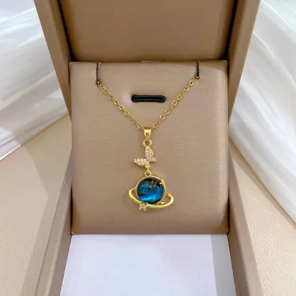Zircon Butterfly Tassel Necklace Moon Flower Stainless Steel Women