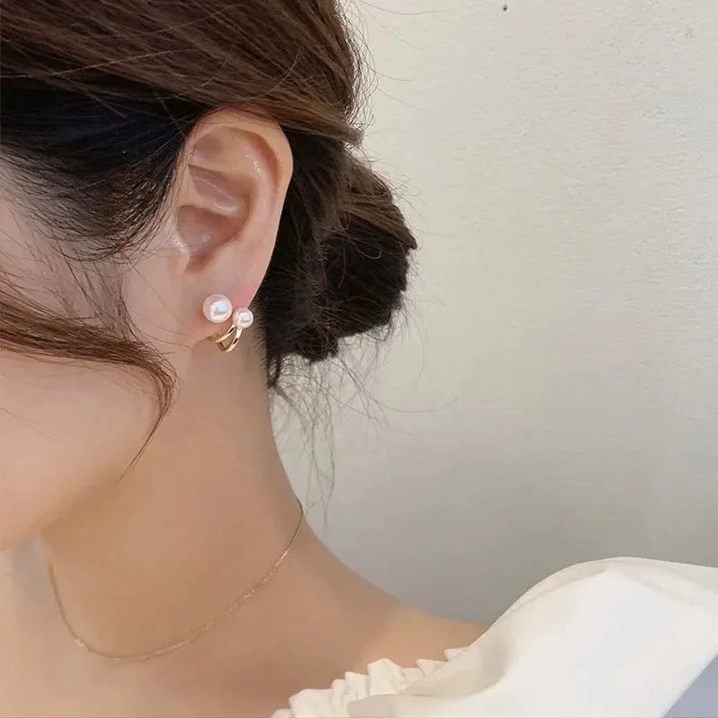 Korean Irregular Pearl Stud Earrings Gold Metal Trendy Unique Design