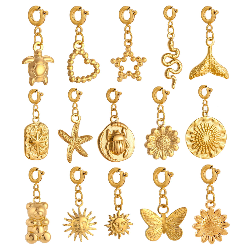 18K Gold Plated Charm Pendants Set Fish Bear Sun Butterfly DIY Jewelry