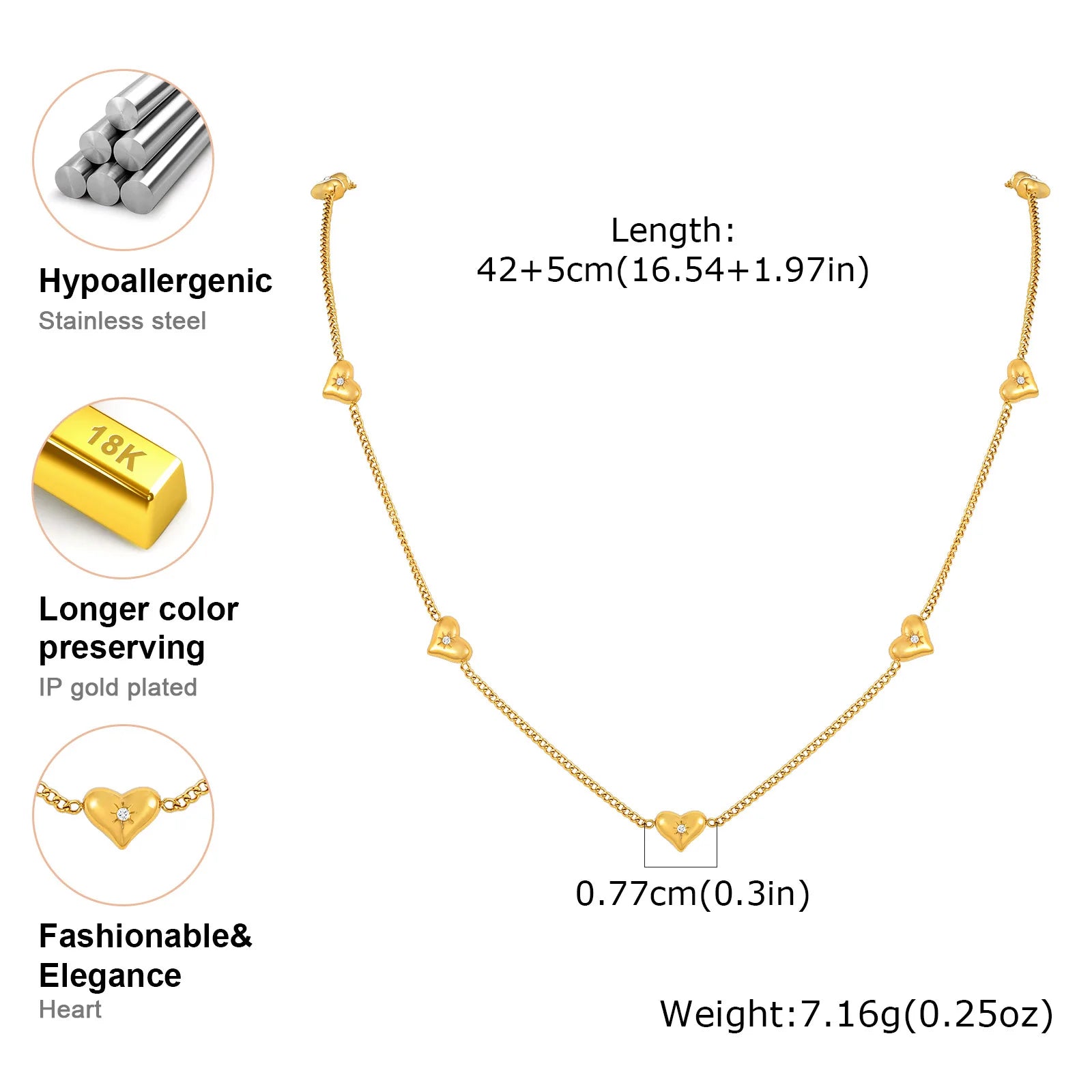 Luxury Zircon Heart Pendant Necklace Stainless Steel Love Charms