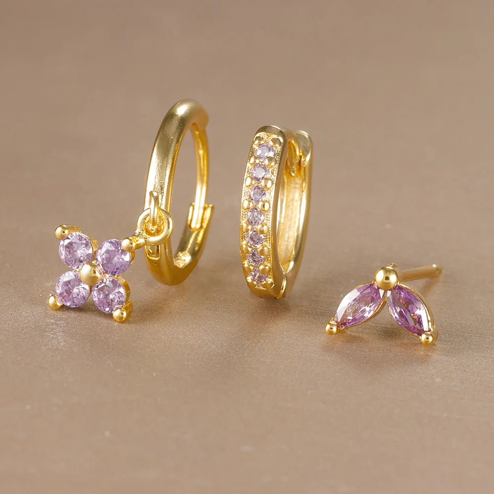 3PCS Flower Drop Earrings Set Zircon Stainless Steel Women