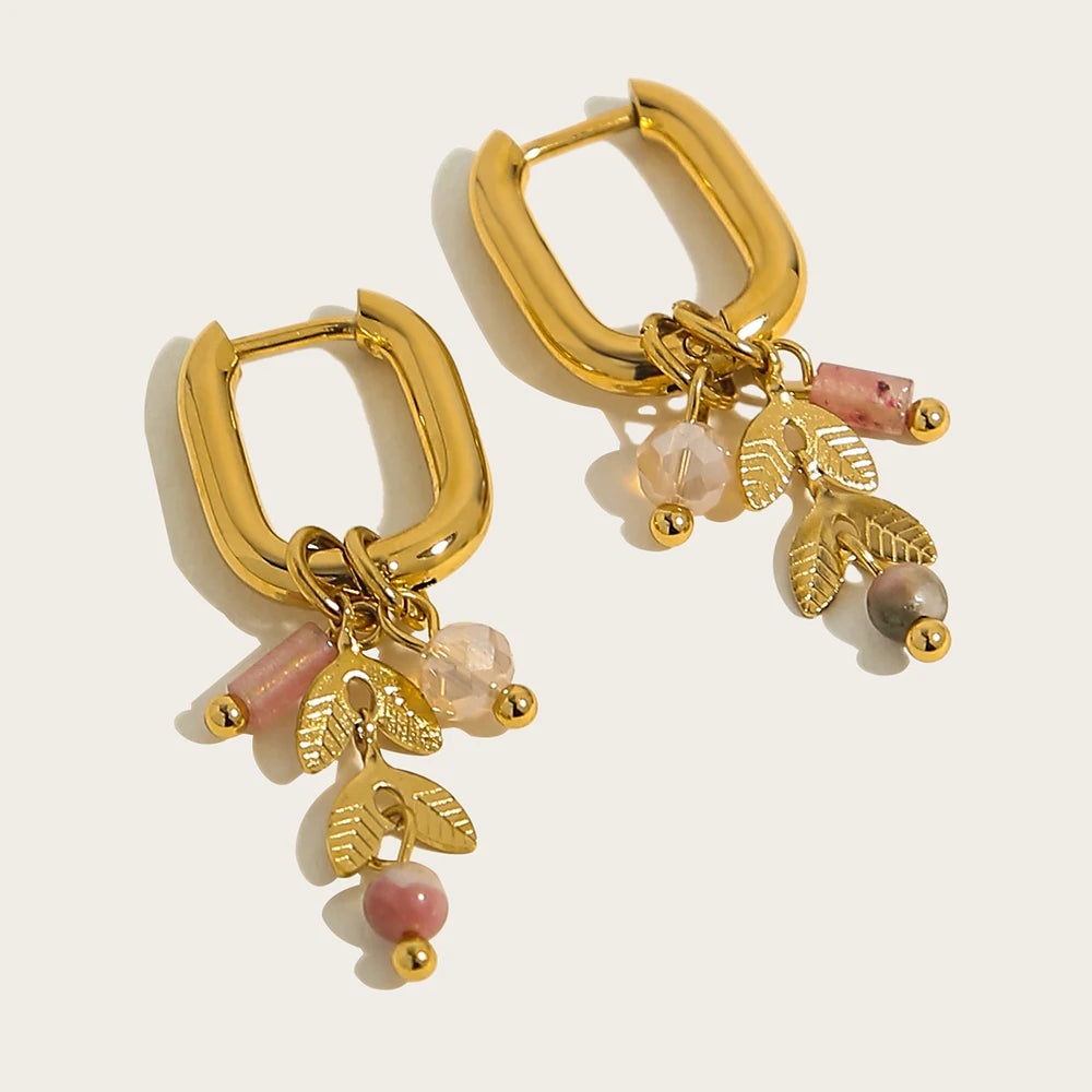 Vintage Green Stone Hoop Earrings 18K Gold Plated Women