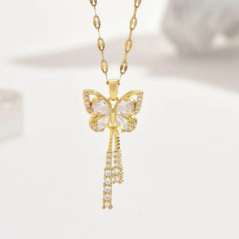 Elegant Butterfly Necklace Zircon Tassel Titanium Steel Women