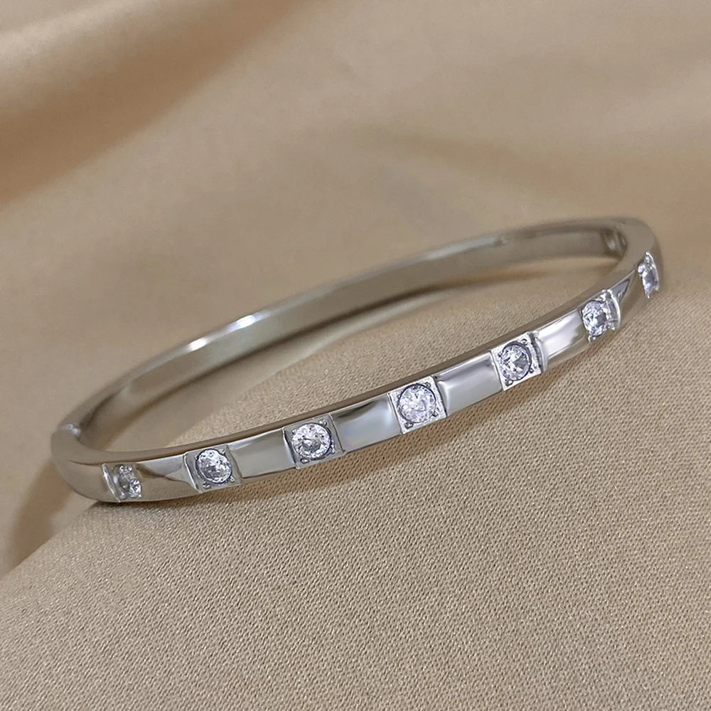 Gold Plated Rhinestone Square Bangle Stainless Steel Waterproof