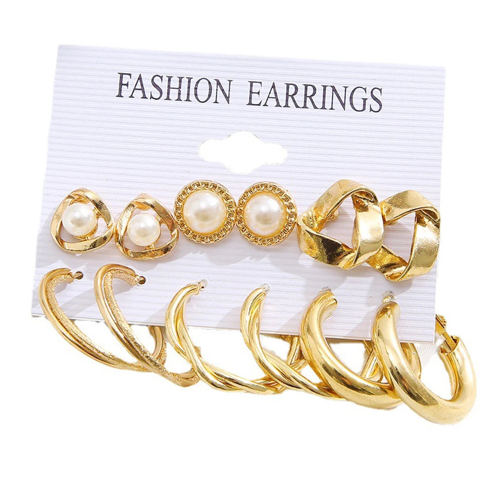 Stylish Boho Earring Set Big Hoops Pearl Square Heart Zircon Design