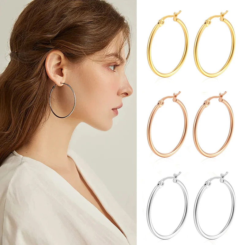 Big Hoop Earrings 30-80mm Stainless Steel Gold Silver Women