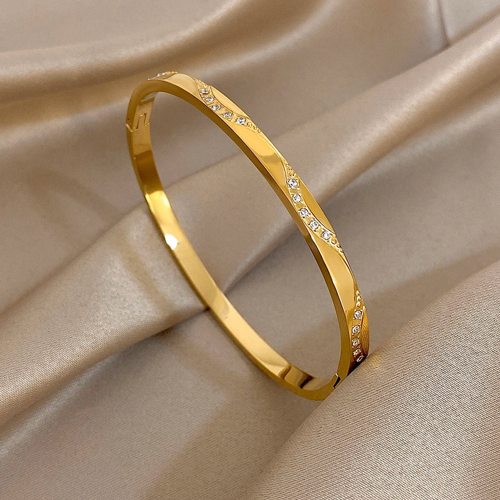Gold Zircon Geometric Cuff Bracelet Stainless Steel Waterproof Unisex