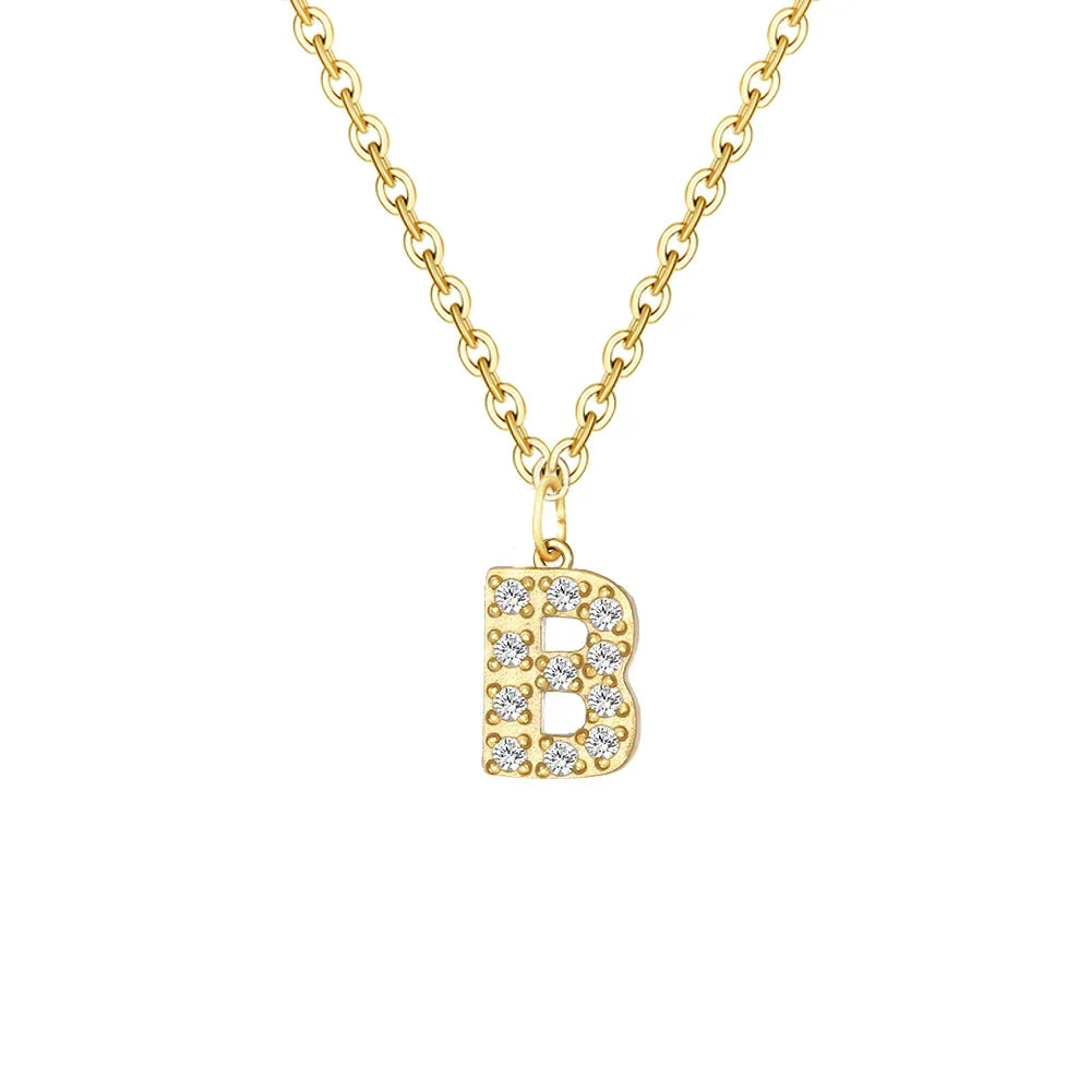 Gold Zircon Initial Necklace A-Z Stainless Steel Letter Pendant Women