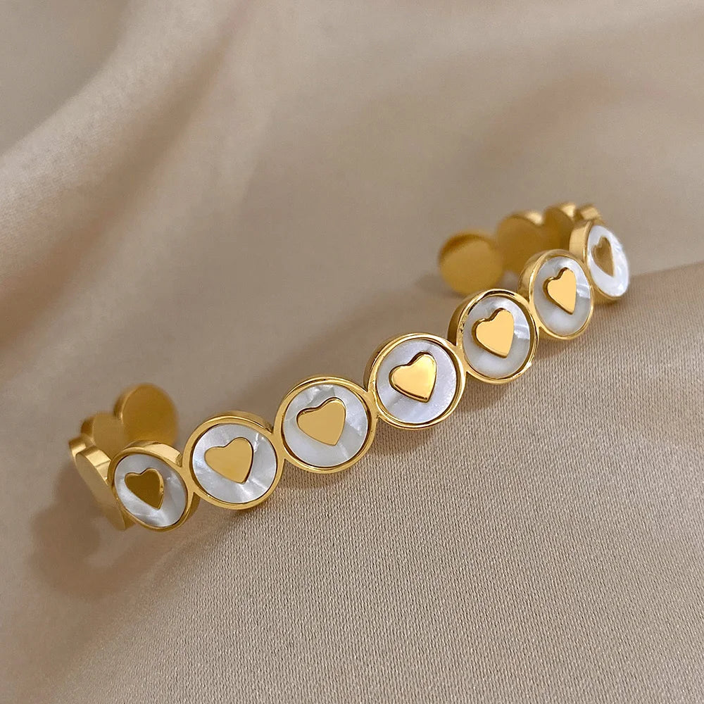 Elegant White Shell Heart Bracelet Gold Plated Bangle for Women