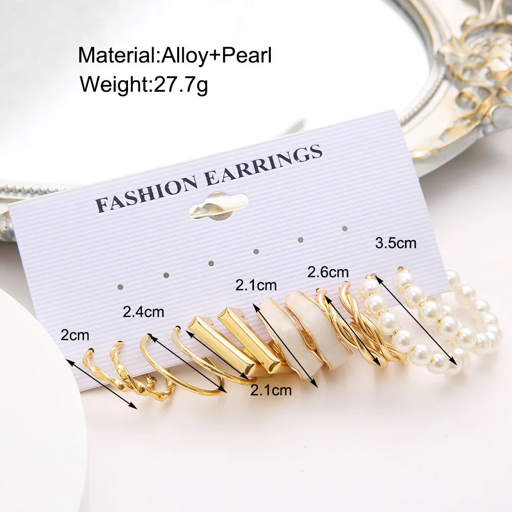 Stylish Boho Earring Set Big Hoops Pearl Square Heart Zircon Design